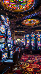 L'intérieur d'un casino avec des rangées de machines à sous au format portrait.