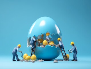 Funny abstract creative concept, builders, workers building a huge pastel Easter egg. A large...