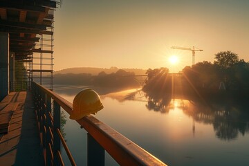 An under-construction bridge spans a tranquil river at dawn on International Labour Day, where a single worker helmet is prominently displayed on a railing, facing the rising sun.