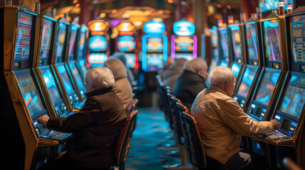Des personnes âgées au casino en train de jouer avec des machines à sous.