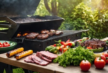 illustration, summer bbq scene: grilling meats over charcoal, surrounded fresh ingredients outdoors ambiance, aroma, barbecue, cooking, delicious, food - obrazy, fototapety, plakaty