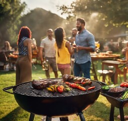 illustration, vibrant outdoor bbq scene friends gathered grill, immersed cooking conversation under setting sun, aroma, atmosphere, barbecue, beauty, bonds, celebration