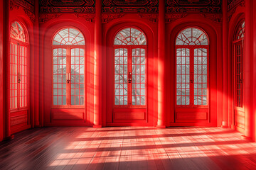Fototapeta na wymiar Beautiful original background image of a luxurious red empty room in Chinese style and a minimalist wooden floor with a play of light and shadow on the walls and floor