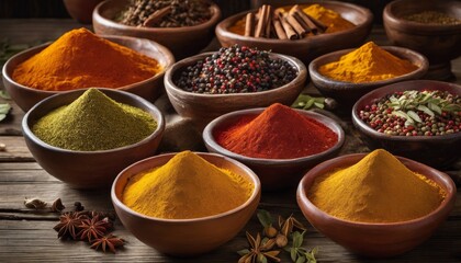 illustration,Vibrant Array Exotic Spice Mixes Carefully Arranged Rustic Bowls Wooden Table,spice,mix,bowl,table,wooden,exotic,rustic,color,texture,arrangement,blend,culinary,diversity