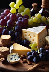 illustration, serene still life various cheeses paired grapes, nuts, red wine rustic wooden table, arrangement, assortment, balance, brie, cedar,