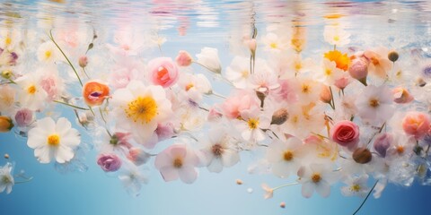 Underwater creative love concept of fresh Spring flowers in water background. Love is in the water, happy Valentine's Day