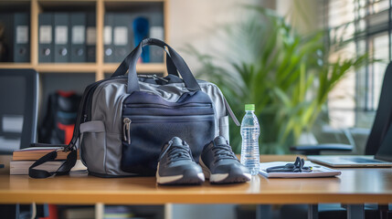 Un sac de sport avec une paire de baskets posés sur une table de bureau.