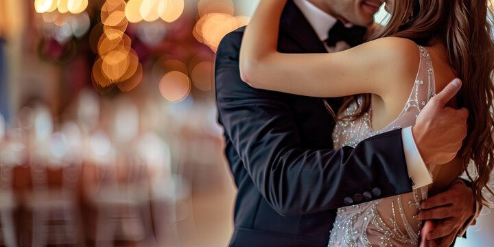 Young Generation Z couple dancing at high school prom and homecoming dressed up in fancy clothing and in love