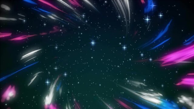 Animation of white and blue shapes over stars on black background