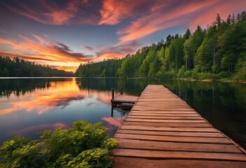 illustration, serene lake sunset wooden dock extending into calm waters, surrounded lush forest, tranquil, peaceful, evening, twilight, nature, reflection, trees, dusk, placid, quiet