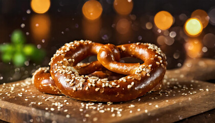 Closeup of a pretzel on a cutting board. Generative AI - obrazy, fototapety, plakaty
