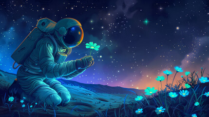 Fototapeta na wymiar Astronaut collects flowers on a foreign planet