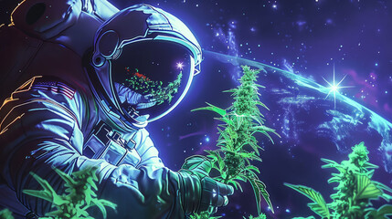 Obraz na płótnie Canvas Astronaut harvests marijuana in Earth's orbit
