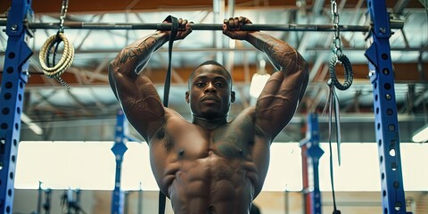 Crossfit weightlifting and workouts to get in peak physical condition for competitions like the Olympics. African American male doing pullups - obrazy, fototapety, plakaty