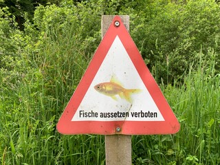 Rot weisses Schild / Verbotsschild Achtung - Fische aussetzen verboten