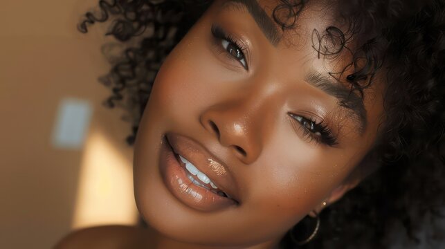 Beautiful black girl with curly hairs advertising for makeup products, beauty and makeup backgrounds.