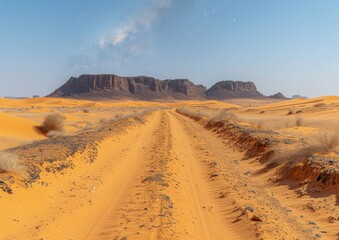 Fototapeta na wymiar Desert Road Leading Towards Distant Mountain Ranges on a Bright Sunny Day