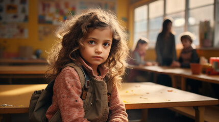 Fototapeta premium Curly-haired young girl lost in thought in a classroom, with blurred figures in the background
