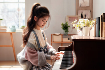 Asian Young Girl Playing Piano In Bright Sunlight Room