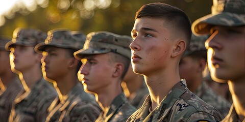 Soldiers standing in Basic Combat Training for the US military - Army, Navy, Air Force, and Marine. Recruits in camouflage uniform working out and learning the basics of military warfare and fitness. 