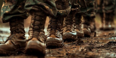 Soldiers boots in Basic Combat Training for the US military - Army, Navy, Air Force, and Marine. Recruits in camouflage uniform working out and learning the basics of military warfare and fitness. 