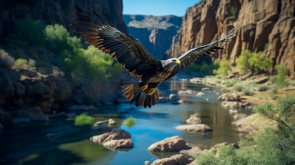 Overhead image of Grand Canyons landscape. An eagle flying along the river.