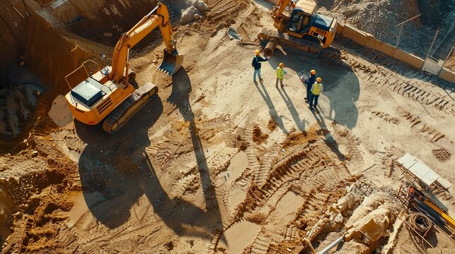 Aerial Drone Shot Of Construction Site With Excavators On Sunny Day: Diverse Team of Real Estate Developers Discussing Project. Civil Engineer, Architect, Inspector Talking And Using Tablet Computer. 