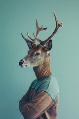 A human size deer in a trendy vintage hipster Winter sweatshirt. Abstract, illustrated, minimal portrait of a wild animal dressed up as a man in elegant clothes