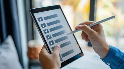 Professional Completing Checklist on Digital Tablet. A person uses a stylus to check off items on a digital to-do list on a tablet, symbolizing task management and productivity.