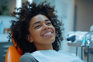smiling dark-skinned woman sitting in dental chair in medical office, dental concept