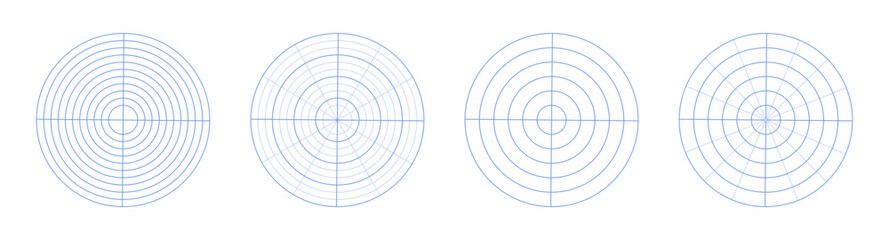 Polar grid blueprint: circular coordinate chart template with radial graph overlay. PNG isolated - obrazy, fototapety, plakaty