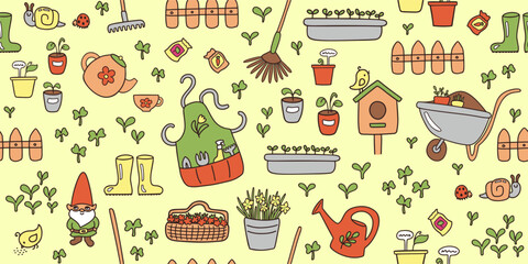 Gardening seamless pattern cottagecore spring clipart. Cute garden objects repeat design. Spring summer rustic gardeners lifestyle print seamless tile. Sustainable hobby vector illustration.