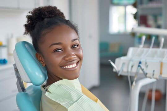 smiling dark-skinned woman sitting in dental chair in medical office, dental concept
