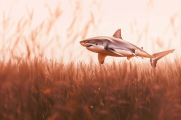 Great white shark flying through the field of grain, pink shadow tone - obrazy, fototapety, plakaty