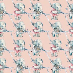 elephant wearing boots More and  more dressed as warriors with swords. Set out to erase money in ancient French, seamless pattern. Watercolor craft, peach, design, background Arts fashionable design 