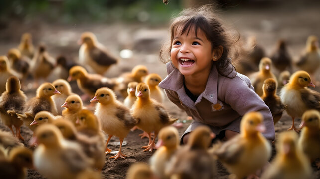 a child playing with ducks