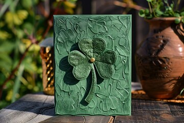 A handcrafted St. Patrick's Day card with a textured green background, featuring a single, realistic four-leaf clover adorned with sparkling gold glitter