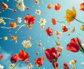 Creative wallpaper made of spring flowers against blue sky