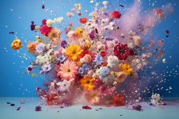 Cloud creative love concept of fresh Spring flowers in the sky background. Love, happy Valentine's Day an exploding bouquet