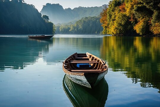 Fototapeta Rowing Boat on a Lake, Surrounded by Green Trees. Beautiful Peaceful Scene. Mindfulness / Solitude Concept.