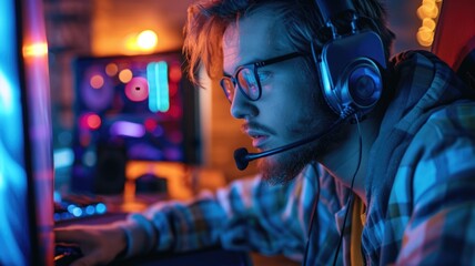 Obraz premium Intense Male Gamer Playing Competitive Video Game at Night