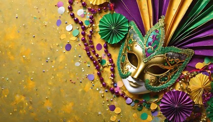 Festive Finery Arrangement- Top view capturing extravagant New Orleans mask, colorful bead