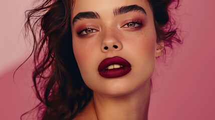 Model face on a plain background showing her beautiful eye shadow and bold lips, beauty and makeup backgrounds with copy space.