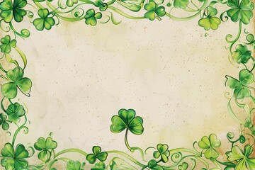 A watercolor card template for St. Patrick's Day with a large, empty space in the center for text, 