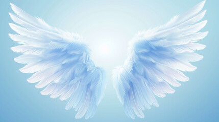 Serene Angelic Feathers Illustration - Detailed Ethereal Angel Wings on Heavenly Blue Background for Spiritual and Inspirational Imagery