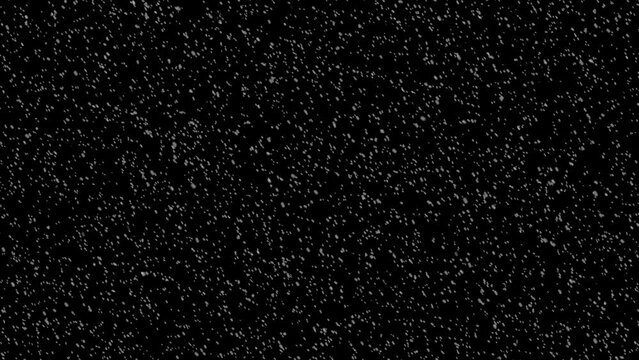 Animation of white snow falling down on black background, ready for video editing element. 