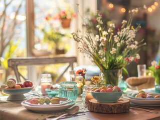 Obraz na płótnie Canvas Cozy Easter Breakfast Table Setting with Painted Eggs and Rustic Decor, Warm Morning Light Bathing a Homely Kitchen Scene