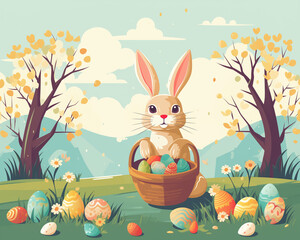 Vintage Easter Bunny Illustration with Colorful Eggs in a Pastoral Spring Landscape, Retro 1950s Style Artwork with Blooming Trees and Soft Clouds Background