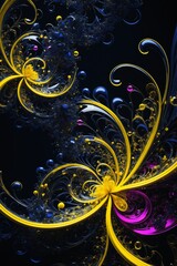 The image is a digital abstract art piece with swirling yellow, blue, and purple colors. It features beads of liquid flowing down the curves.