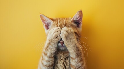 Shy cat, worried cat, depressed poor kitty, unhappy orange tabby kitten isolated on yellow...